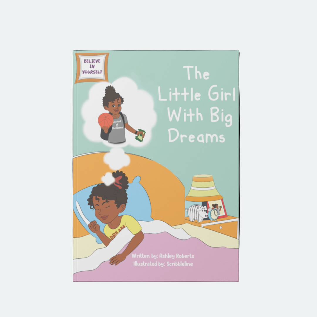Book cover of 'The Little Girl With Big Dreams' with illustrations of a girl in a bedroom and a cloud with a girl holding a ball.