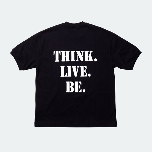 A black short-sleeve t-shirt with the words 'THINK. LIVE.
