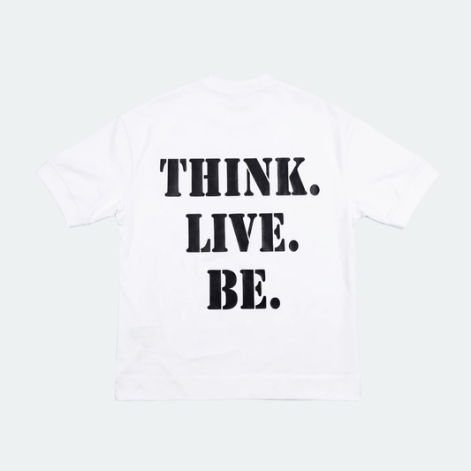A white short-sleeve t-shirt with the words 'THINK. LIVE.