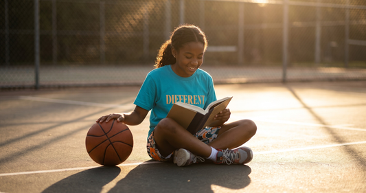 Young girl athlete sitting on a basketball court reading The Little Girl With Big Dreams, inspired and focused.