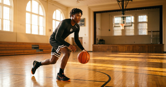 Young basketball athlete training alone in gym at dawn wearing performance compression gear for summer basketball training