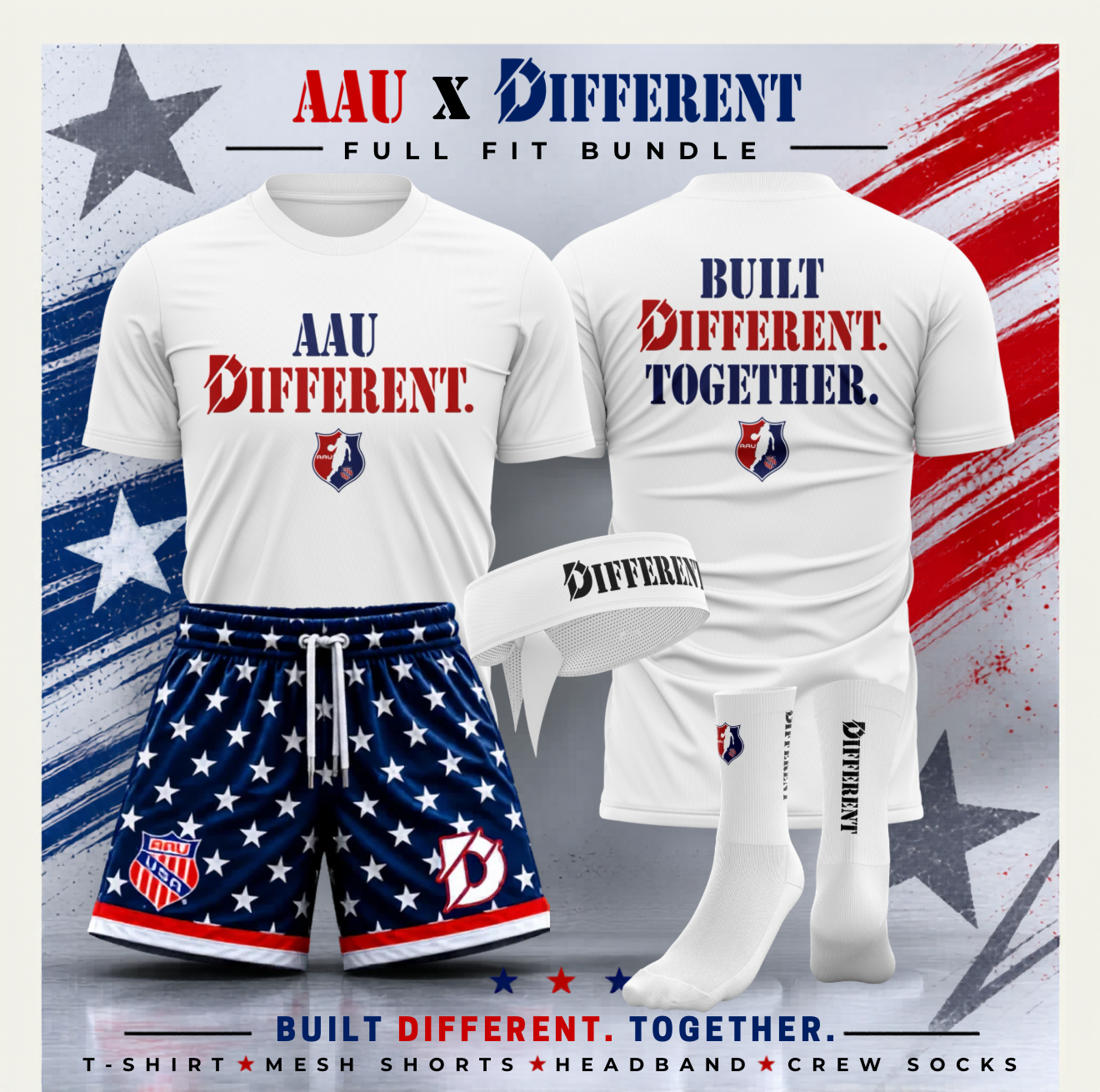 Athletic bundle with t-shirt, shorts, headband, and socks featuring 'AAU x Different' branding on an American flag background.