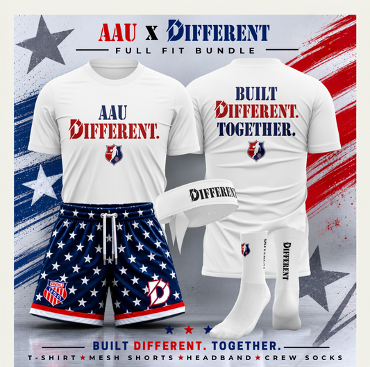 Athletic bundle with t-shirt, shorts, headband, and socks featuring 'AAU x Different' branding on an American flag background.
