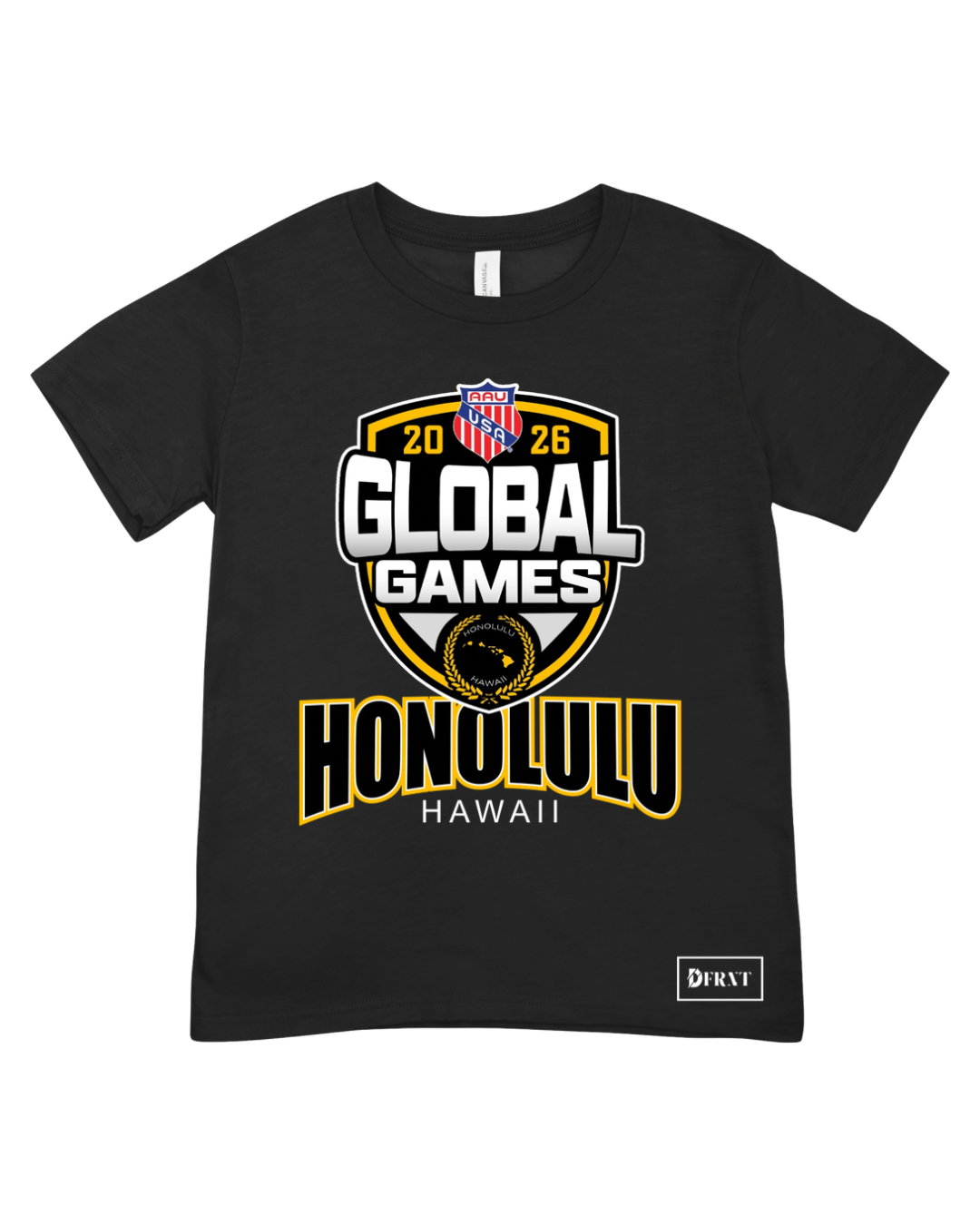 Black t-shirt with 'Global Games Honolulu Hawaii' graphic design on a white background