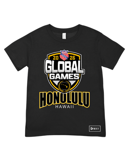 Black t-shirt with 'Global Games Honolulu Hawaii' graphic design on a white background