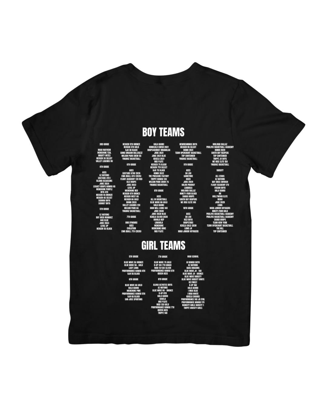 Black t-shirt with white text listing boy and girl team names on a white background
