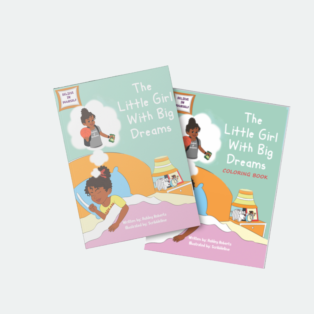 Two 'The Little Girl with Big Dreams' coloring books on a white background