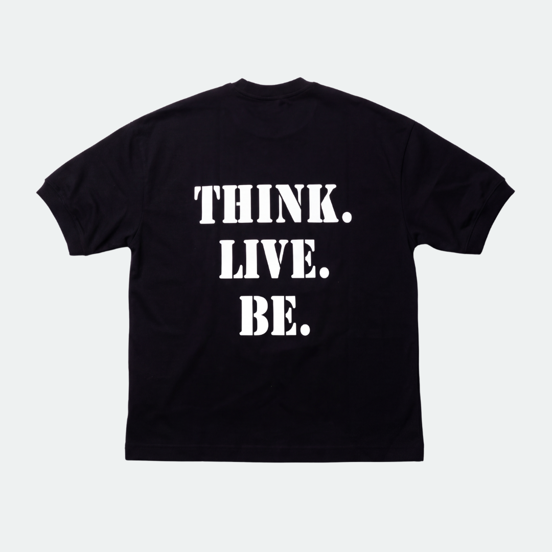 A black short-sleeve t-shirt with the words 'THINK. LIVE.