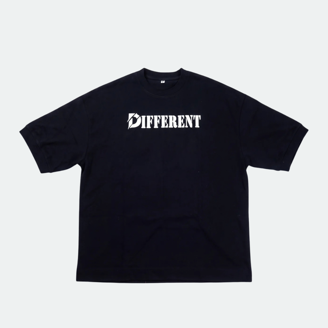 A black short-sleeve t-shirt with the word 'DIFFERENT' printed in white across the chest, displayed flat against a light gray background.