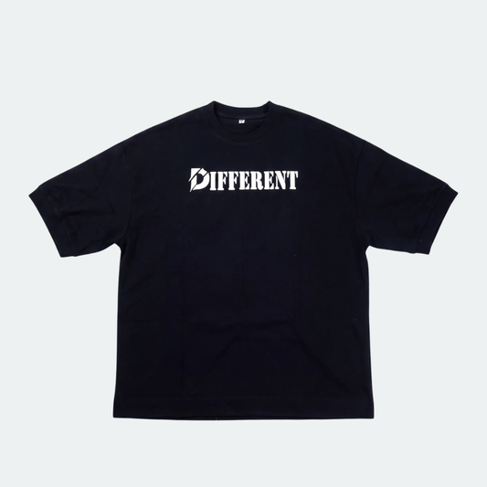 A black short-sleeve t-shirt with the word 'DIFFERENT' printed in white across the chest, displayed flat against a light gray background.