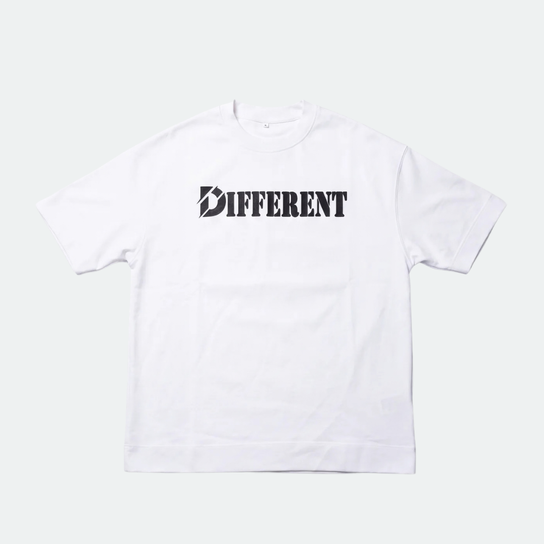 A white short-sleeve crewneck t-shirt with a black 'DIFFERENT' logo printed across the chest, displayed flat against a light gray background.