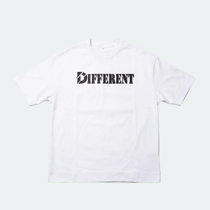 A white short-sleeve crewneck t-shirt with a black 'DIFFERENT' logo printed across the chest, displayed flat against a light gray background.